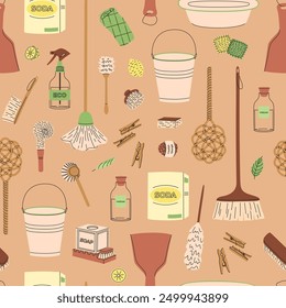 Eco-friendly cleaning products seamless pattern. Organic natural ecological cleaners, soap, brushes. Green housework stuff, clean home supplies. Flat graphic vector illustration isolated on white