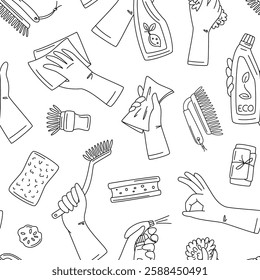 Eco-friendly cleaning products seamless pattern. Organic natural ecological cleaners, soap, brushes. Green housework stuff, clean home supplies, zero waste. Line vector background. Spring cleaning.