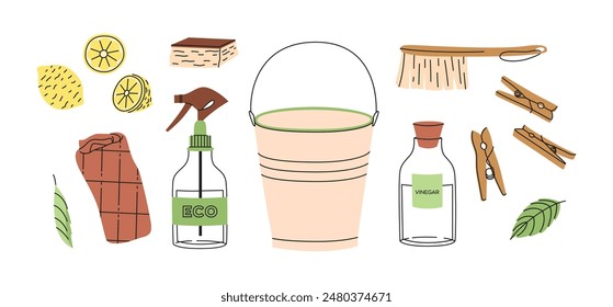 Eco-friendly cleaning products set. Bucket, brushes, vinegar, pins. Organic natural ecological cleaners, soap, brushes. Green housework stuff, clean home supplies. Flat graphic vector illustration