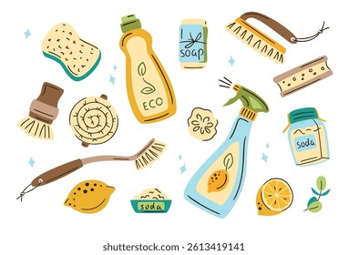 Eco-friendly cleaning products set isolated on white. Organic natural ecological cleaners, soap, brushes. Green housework stuff, clean home supplies, zero waste lifestyle. Spring cleaning