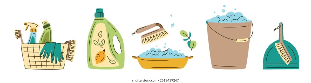 Eco-friendly cleaning products set isolated on white. Organic natural ecological cleaners, soap, brushes. Hands wearing protective rubber gloves and holding cleaning supplies. Zero waste lifestyle.