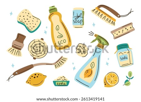 Eco-friendly cleaning products set isolated on white. Organic natural ecological cleaners, soap, brushes. Green housework stuff, clean home supplies, zero waste lifestyle. Spring cleaning