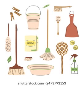 Set de productos de limpieza ecológicos. Trapos y cepillos. Limpiadores ecológicos naturales orgánicos, jabón, cepillos. Cosas verdes para las tareas domésticas, artículos limpios para el hogar. Ilustración vectorial gráfica plana aislada en blanco