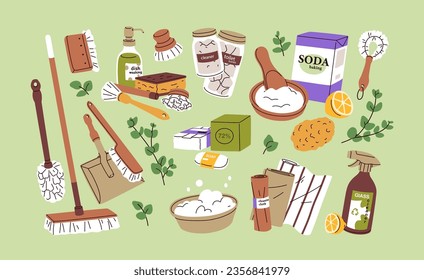 Productos de aseo ecológicos. Limpiadores ecológicos naturales orgánicos, jabón, cepillos. Hogares verdes, suministros de casa limpios. Ilustración vectorial gráfica plana aislada en fondo blanco.