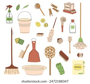 Eco-friendly cleaning products set. Organic natural ecological cleaners, soap, brushes. Green housework stuff, clean home supplies. Flat graphic vector illustration isolated on white background.