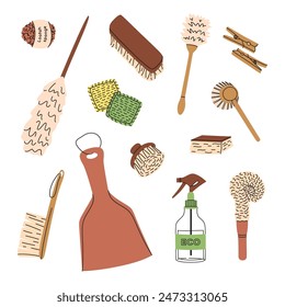 Eco-friendly cleaning products set. Organic natural ecological cleaners, soap, brushes. Green housework stuff, clean home supplies. Flat graphic vector illustration isolated on white background.