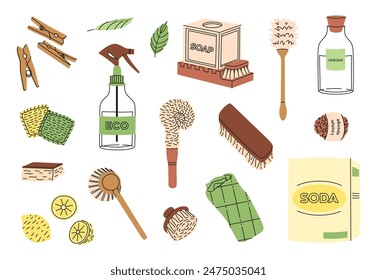 Eco-friendly cleaning products set. Organic natural ecological cleaners, soap, brushes. Green housework stuff, clean home supplies. Brushes, soap, lemon, soda, vinegar. Flat graphic vector