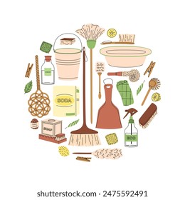 Eco-friendly cleaning products set. Organic natural ecological cleaners, soap, brushes. Green housework stuff, clean home supplies. Flat graphic vector illustration isolated on white background.