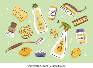 Eco-friendly cleaning products set. Organic natural ecological cleaners, soap, brushes. Green housework stuff, clean home supplies, zero waste lifestyle. Spring cleaning.