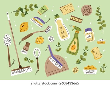 Eco-friendly cleaning products set. Organic natural ecological cleaners, soap, brushes. Green housework stuff, clean home supplies, zero waste lifestyle. Flat vector illustration. Spring cleaning