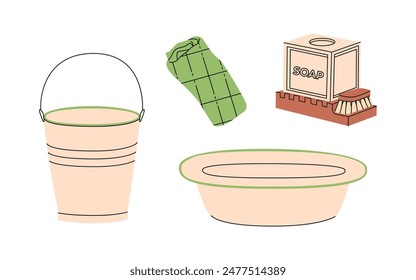 Eco-friendly cleaning products set. Soap, bucket, towel. Organic natural ecological cleaners, soap, brushes. Green housework stuff, clean home supplies. Flat graphic vector illustration isolated on