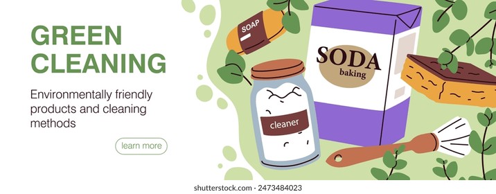 Productos de limpieza ecológicos, diseño de Anuncio de Web. Suministros ecológicos para el hogar, limpiador orgánico natural. Trabajo ecológico en casa, página en línea. Ilustración vectorial plana para internet zero waste shop