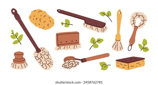 Eco-friendly cleaning tools, different hand brushes set. Natural bristles, washing sponge, scrubber with wooden handles. Ecological supplies. Flat vector illustrations isolated on white background