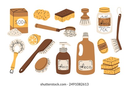 Eco-friendly cleaning tools, different hand brushes set. Natural bristles, washing sponge, scrubber with wooden handles. Ecological supplies. Flat vector illustrations isolated on white background