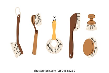 Eco-friendly cleaning tools, different hand brushes set. Natural bristles, washing sponge, scrubber with wooden handles. Ecological supplies. Flat vector illustrations isolated on white background