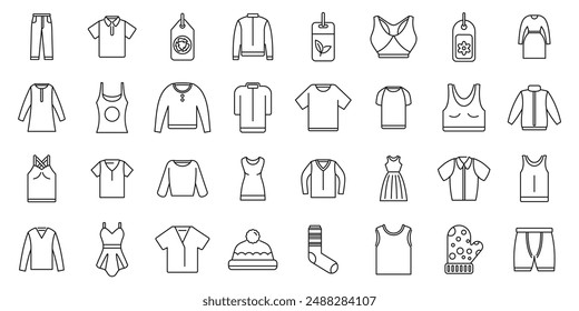 Eco-friendly clothing icons set. Line art icons of shirts, pants, dresses, socks, mittens and clothing tags with eco friendly symbols