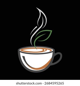 Logotipo de café ecológico con una taza con vapor de hojas. Ideal para cafés orgánicos, tiendas de té de hierbas, negocios de bebidas sostenibles, marcas ecológicas y diseños de empaques de bebidas a base de plantas.