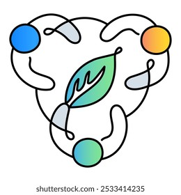 Eco-Friendly Collaboration Icon – Three Persons in a Circle with a Leaf, Signifying Team Effort Toward Sustainable and Green Initiatives