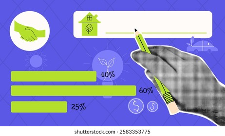 Eco-friendly collage with green elements. Halftone hands. Environmental vector design template
