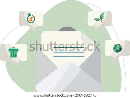 Eco-friendly communication concept with open envelope and environmental icons. Eco-friendly newsletter. sutainable marketing and communication. Vector illustration.	