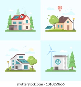 Eco-friendly complex - set of modern flat design style vector illustrations on blue background. A collection of four images of different houses, trees, barn, solar panel, windmill, recycling outlet