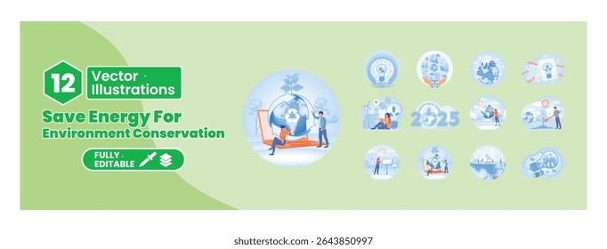 Conceito ecológico. As pessoas promovem o ambiente verde sustentável, a ecologia, a natureza e o ecossistema. Mega set.