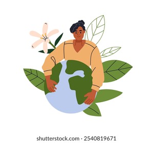 Concepto ecológico, salvando el planeta. Voluntario abrazando, protegiendo la pequeña Tierra. Conservación del medio ambiente y de la naturaleza, protección de la ecología. Ilustración vectorial plana aislada sobre fondo blanco