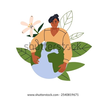 Eco-friendly concept, saving planet. Volunteer embracing, protecting tiny Earth. Environmental and nature conservation, ecology protection. Flat vector illustration isolated on white background