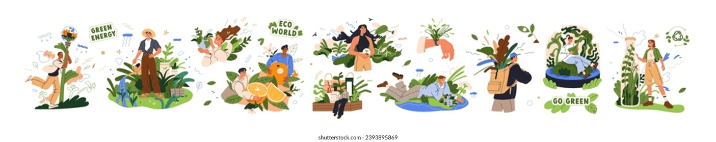 Conjunto de conceptos ecológicos. Medio ambiente sostenible, ecología, naturaleza, ecosistema. Estilo de vida de basura cero, salvando y protegiendo el planeta. Ilustraciones gráficas planas vectoriales aisladas en fondo blanco