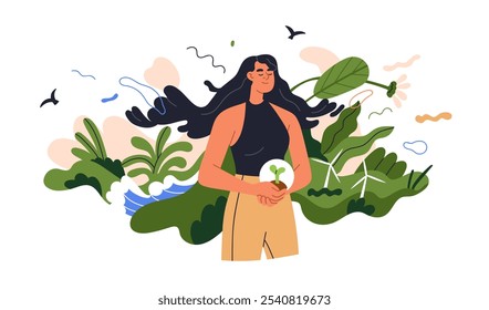 Concepto ecológico, sostenibilidad, ecología y naturaleza. Persona consciente, ambiente verde con plantas, agua, energía renovable. Ilustración vectorial plana ecológica aislada sobre fondo blanco