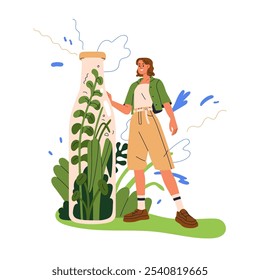 Conceito ecológico, sustentabilidade e proteção do ambiente. Mulher minúscula com garrafa de lixo zero. Flora, plantas verdes, natureza e ecologia. Ilustração de vetor plano isolada no plano de fundo branco