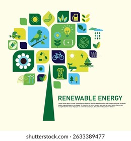 Eco-Friendly Concept Tree with Sustainability Icons – Flat Design Vector. A modern vector illustration of a stylized green tree composed of abstract leaf shapes containing various eco-friendly icons. 