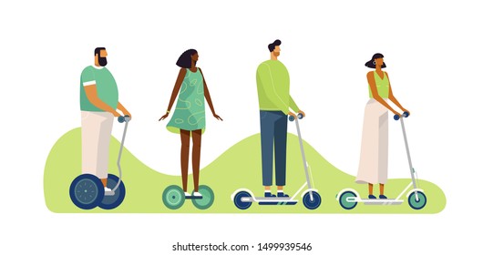 Eco-friendly concept. Vector illustration, flat design, isolated on white. Young people ride a rented, green transport. Cartoon characters 