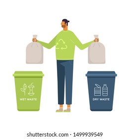 Eco-friendly concept.  Wet and dry waste. Vector illustration, flat design, isolated on white. Young man putting rubbish in trash bins. Waste Separation and Recycling. Cartoon character.  