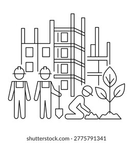 Eco-friendly construction and green building concept in line art. Workers in hardhats building a structure while planting young trees. Professional illustration for sustainable development, environmental protection, and urban gardening. Clean vector design for architecture and ecology projects.Editable stroke, Vector illustration, Line art Icon, Symbols.