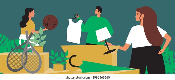 Eco-friendly consumption, people in second hand. Flat vector stock illustration. Flea market or garage sale. Eco friendly shopping. The concept of reusing goods. Vector graphics