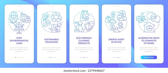 Eco-friendly corporate culture blue gradient onboarding mobile app screen. Walkthrough 5 steps graphic instructions with linear concepts. UI, UX, GUI template. Myriad Pro-Bold, Regular fonts used