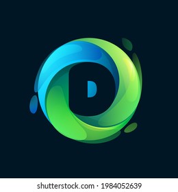 Eco-friendly D letter logo inside a swirl green circle. Negative space style icon. Vector font for vegan emblem, botanical identity, zero waste projects, stop trash merchandise.