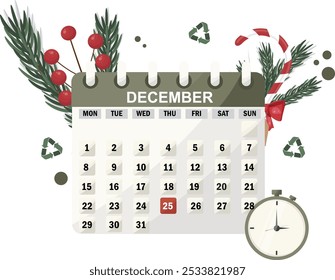 Eco-Friendly December Calendar with Christmas Decorations. Eco-friendly christmas calendar. Sustainable decembar calendar isolated on white background. Vector illustration