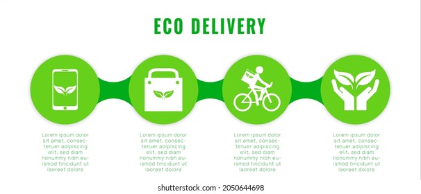 Eco-friendly delivery concept from buyer to customer set icons, mobile phones, environmentally friendly box, delivery by bicycle, and arriving at the buyer's destination - vector