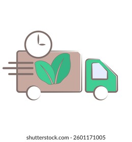 Eco-friendly delivery truck logo with green leaves and clock symbol