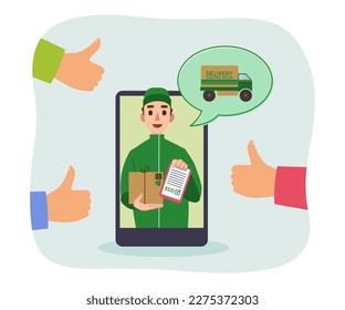 Umweltfreundliche Lieferung, Vektorgrafik. Lieferant Mann auf dem Bildschirm mit Paket und Elektro-LKW. Hände zeigen Daumen auf. Nachhaltigkeit, Recycling, Upcycling, Online-Shopping-Konzept