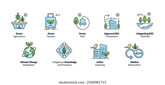 Eco-Friendly Development and Tech Icons: Green Agriculture, Tourism, Tech, ESG Framework, ESG Particles, Climate Change Adaptation, Indigenous Knowledge, Urban Greening, Habitat Restoration