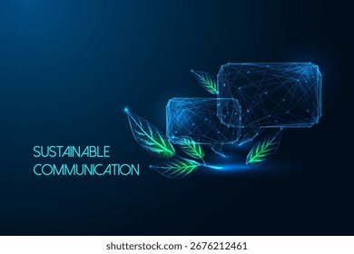 Concepto de comunicación digital respetuoso del medio ambiente con burbujas de discurso de poli bajo brillante y hojas verdes. Tecnología sostenible, mensajería de tecnología limpia e innovación. Ilustración vectorial en estilo futurista.