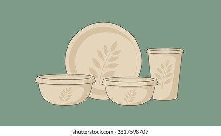 Eco-friendly dinnerware collection including plate bowls and cup with subtle leaf motifs set on a muted sage green surface.