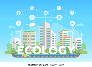 Eco-friendly district - modern flat design style vector illustration on blue background with a set of icons. A cityscape with skyscrapers, road, cars, fountain, people. Recycling, saving energy theme