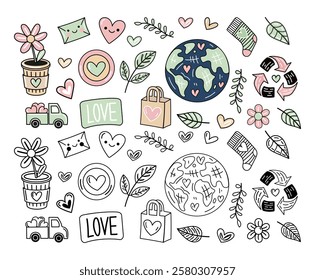 Eco-friendly doodle outline and colored set with hearts, plants, earth and love
