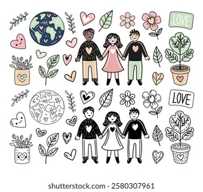 Eco-friendly doodle outline and colored set with hearts, plants, earth and  cute diverse people with heartwarming connection