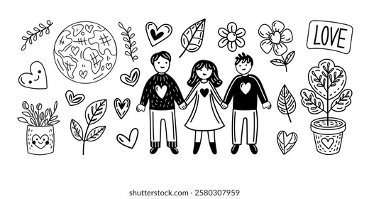 Eco-friendly doodle outline set with hearts, plants, earth and  cute diverse people with heartwarming connection