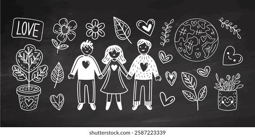 Eco-friendly doodle outline set with hearts, plants, earth and  cute diverse people with heartwarming connection on chalkboard background